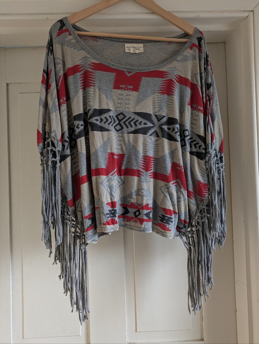 Denim & Supply Poncho Style Tribal Print Gray, Red & Blue Top w/ Fringe- L